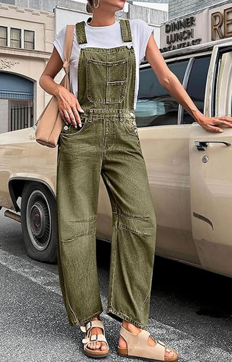 yoeasy Womens Denim Bib Overalls Barrel Wide Leg Baggy Adjustable Strap Denim Pants Jumpsuits with Pockets (Large, Army Green) - Image 1