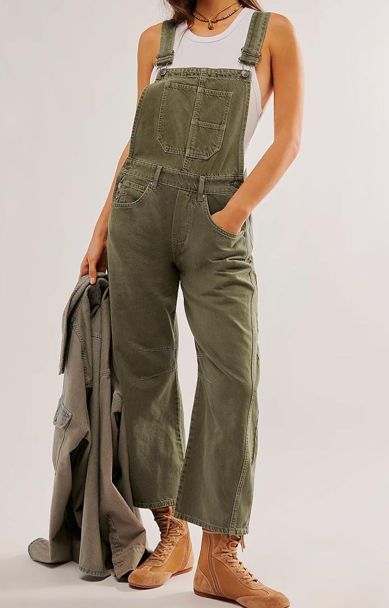 yoeasy Womens Denim Bib Overalls Barrel Wide Leg Baggy Adjustable Strap Denim Pants Jumpsuits with Pockets (Large, Army Green) - Image 2