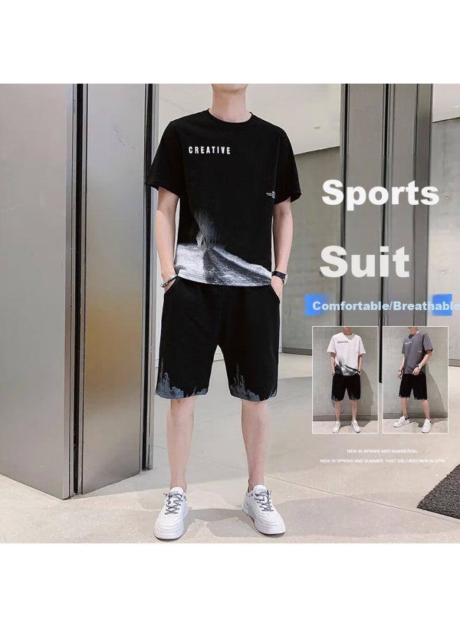 Dingfengbaoluo Men's Summer Set Short Sleeve T-shirt Shorts Pure Cotton Thin Casual Sports Men's Clothing Kpr02 Black L - Image 1