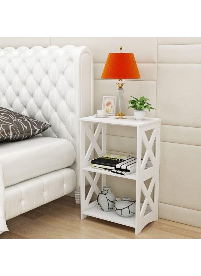 Side Table Set of 2, End Table 3 Tier, Simple Bed Side Table Nightstand, 2 Shelf Small Bookshelf Bookcase for Bathroom, Bedroom and Living Room, White