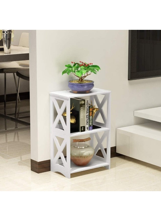Side Table Set of 2, End Table 3 Tier, Simple Bed Side Table Nightstand, 2 Shelf Small Bookshelf Bookcase for Bathroom, Bedroom and Living Room, White