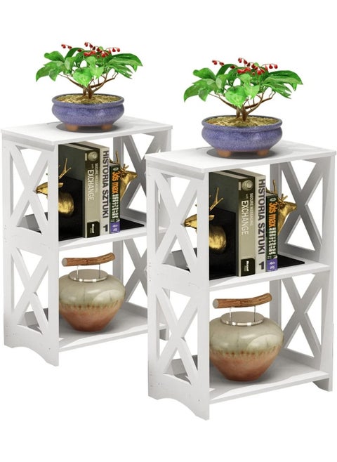 Side Table Set of 2, End Table 3 Tier, Simple Bed Side Table Nightstand, 2 Shelf Small Bookshelf Bookcase for Bathroom, Bedroom and Living Room, White