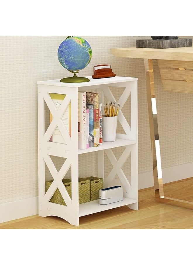 Side Table Set of 2, End Table 3 Tier, Simple Bed Side Table Nightstand, 2 Shelf Small Bookshelf Bookcase for Bathroom, Bedroom and Living Room, White
