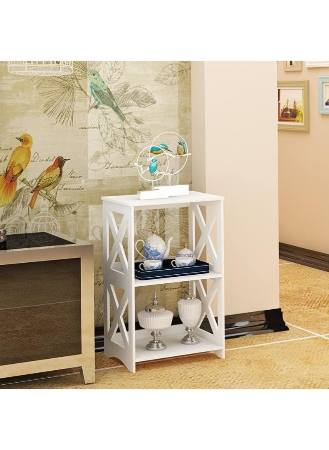 Side Table Set of 2, End Table 3 Tier, Simple Bed Side Table Nightstand, 2 Shelf Small Bookshelf Bookcase for Bathroom, Bedroom and Living Room, White