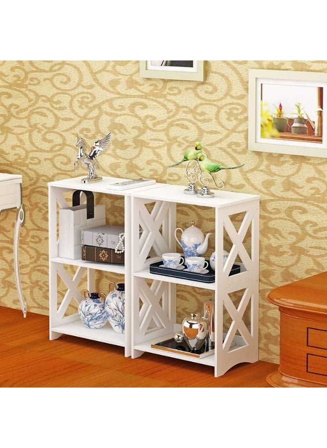 Side Table Set of 2, End Table 3 Tier, Simple Bed Side Table Nightstand, 2 Shelf Small Bookshelf Bookcase for Bathroom, Bedroom and Living Room, White