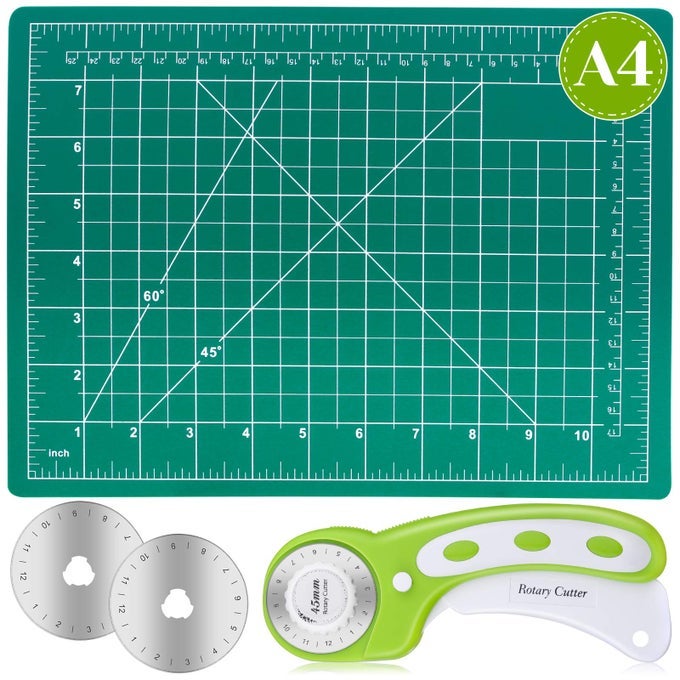 ROTARY CUTTER SET SELF HEALING SEWING MATS ROTARY CUTTER AND MAT 45MM ROTARY FABRIC CUTTER SET WITH 2 BLADES ROTARY CUTTING MAT FOR CRAFTS FABRIC QUILTING HOBBY 9 X 12 A4