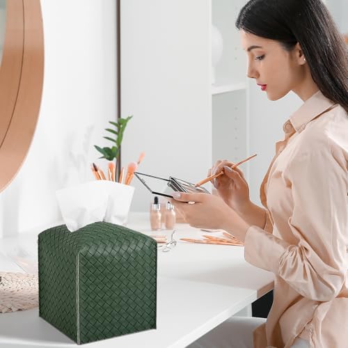 zoocatia Tissue Box Cover PU Leather Tissue Holder Square Facial Tissue Case Facial Paper Organizer Dispenser for Bathroom, Vanity Countertop, Car, Dark Green - Image 3