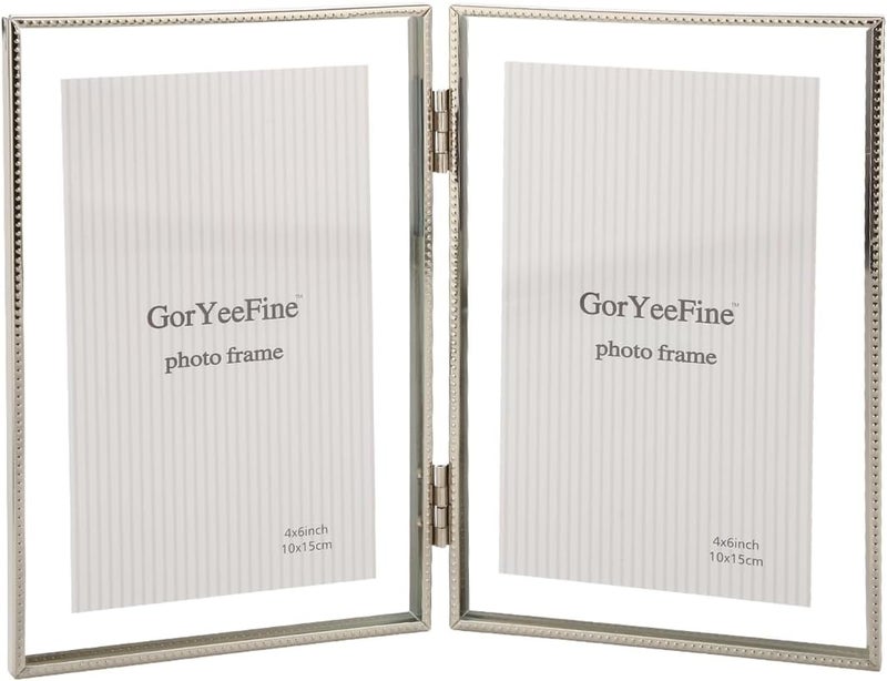 GorYeeFine إطار عائم مفصلي مزدوج فضي مقاس 4x6 بوصة، لمقاسات الصور (2x3 بوصة، 3.5x5 بوصة حتى 4x6 بوصة)، إطارات جميلة بحافة معدنية مخرومة قابلة للتعديل على الطاولة/الرف، خيار هدية أنيقة للزفاف. - Image 1