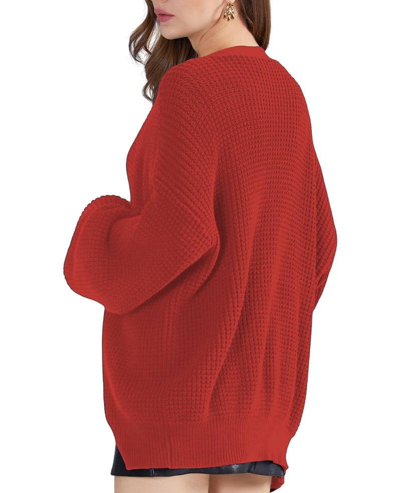 QUALFORT Women's Cardigan Sweaters for Women 100% Cotton Button-Down Long Sleeve Fall Sweaters for Women 2026 Orange Red Medium - Image 2