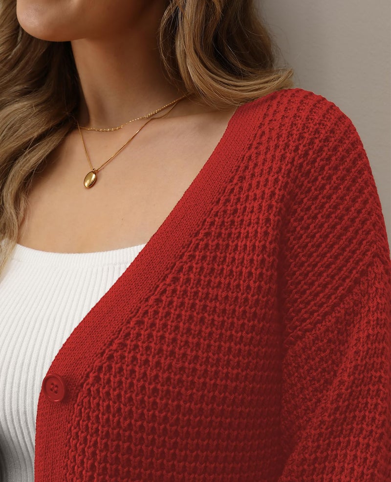 QUALFORT Women's Cardigan Sweaters for Women 100% Cotton Button-Down Long Sleeve Fall Sweaters for Women 2026 Orange Red Medium - Image 3