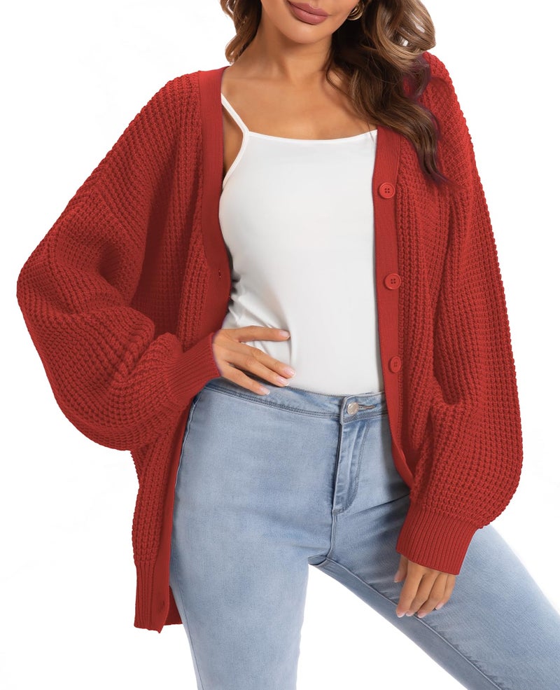 QUALFORT Women's Cardigan Sweaters for Women 100% Cotton Button-Down Long Sleeve Fall Sweaters for Women 2026 Orange Red Medium - Image 1