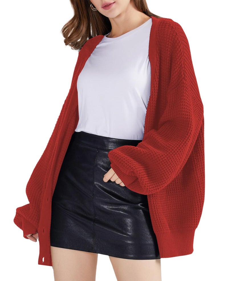 QUALFORT Women's Cardigan Sweaters for Women 100% Cotton Button-Down Long Sleeve Fall Sweaters for Women 2026 Orange Red Medium - Image 5