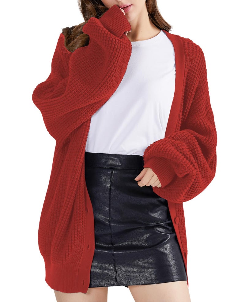 QUALFORT Women's Cardigan Sweaters for Women 100% Cotton Button-Down Long Sleeve Fall Sweaters for Women 2026 Orange Red Medium - Image 4