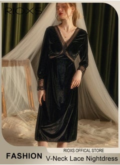 RIOXS Women's Nightgown V-Neck Lace Hollow Loose Nightdress Loungewear Soft Gold Velvet Sleepwear Long Sleeve Nightgown For Female Ladies Home Wear  - Image 1