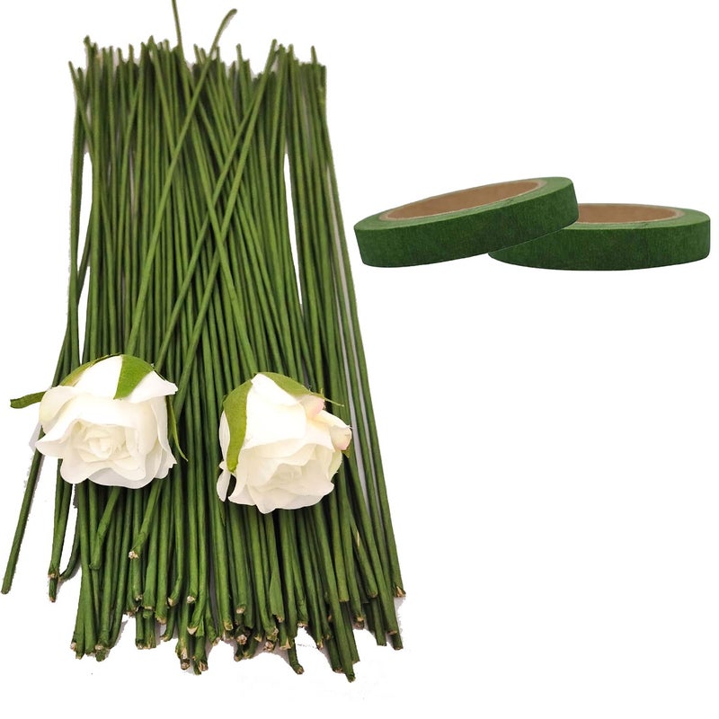3A Featuretail 12 Inch Dark Green Floral Stem Wire Crafting Floral Paper Wrapped Stick for Artificial Flowers Making, Plant Stub Stem (50 pc wire & 2pc Tape, Green Floral Wire with Green Floral Tape) - Image 5