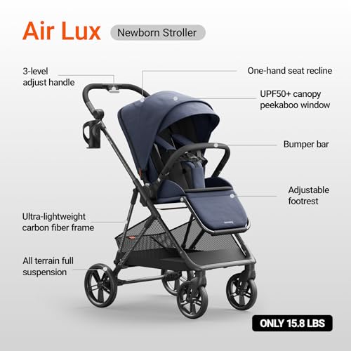 MAMAZING Air Lux Baby Stroller, Carbon Fiber Frame Only 15.8lbs, Compact Fold Toddler Stroller with Reversible All-Season Seat, Included UPF 50+ Canopy, Large Storage Basket, Magnetic Buckle Harness - Image 5