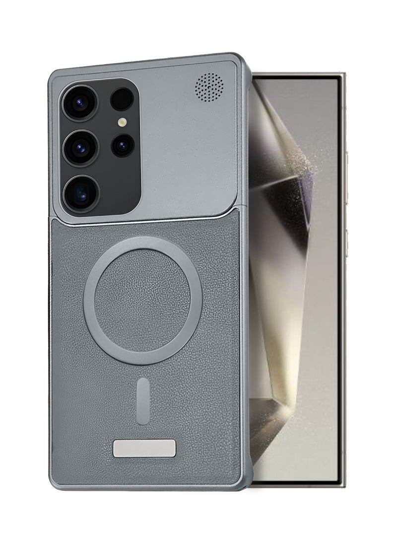 دبليو تيك جراب معدني بدون إطار لسامسونج جالاكسي S24 ألترا 5G 2024 من جلد نباتي مع دعم ماغسيف، غلاف صلب (MCMPMN) - رمادي - Image 1