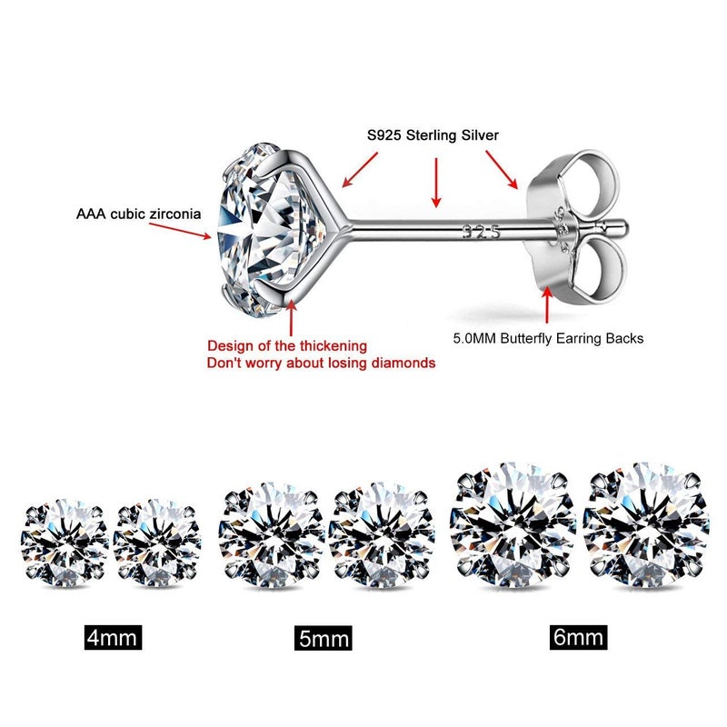AllenCOCO S925 Sterling Silver Earrings, Cubic Zirconia Earrings Studs, 14K White Gold Plated Sterling Silver Stud Earrings Hypoallergenic Fake Diamond Stud Earrings for Women Men Sensitive Ears - Image 3