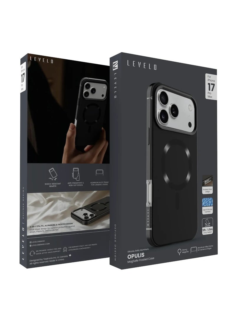 LEVELO iPhone 17 Pro Max MagSafe Case Opulis with Liquid Silicone Comfort & Shock-Resistant Bumper / Anti-Fingerprint & Non-Slip Design / Aluminum Alloy Frame for Camera & Edges / Frosted Clear Design - Phantom Black - Image 3