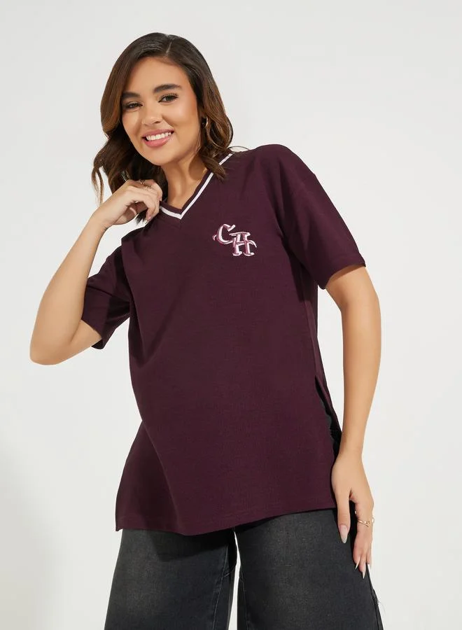 Styli Styli Oversized Contrast Neck Rib Embroidered T-Shirt