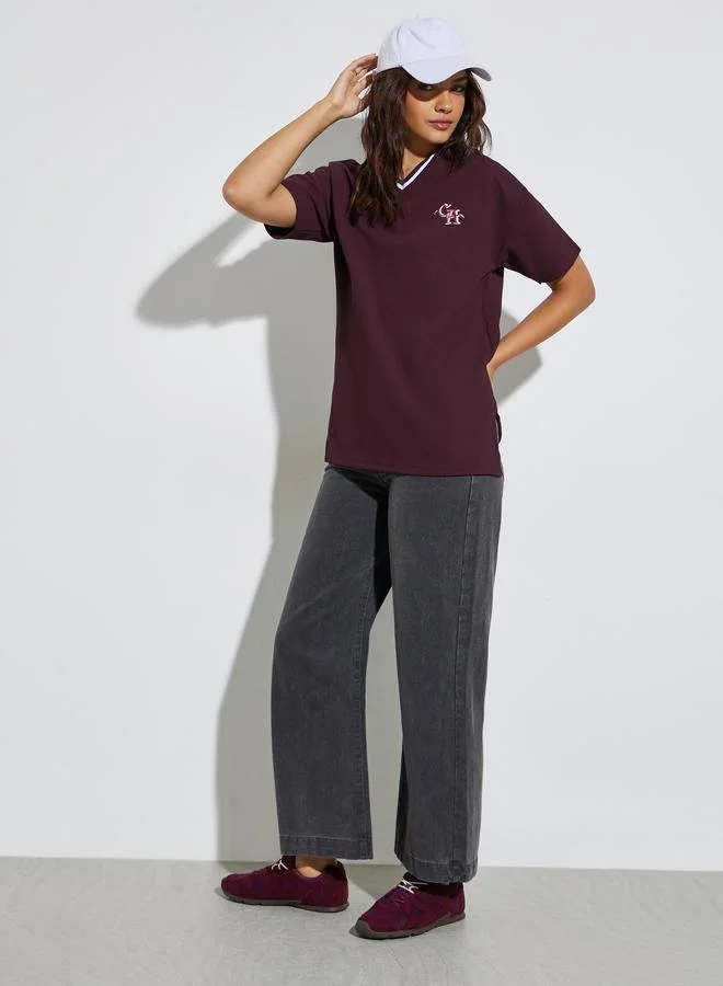 Styli Oversized Contrast Neck Rib Embroidered T-Shirt