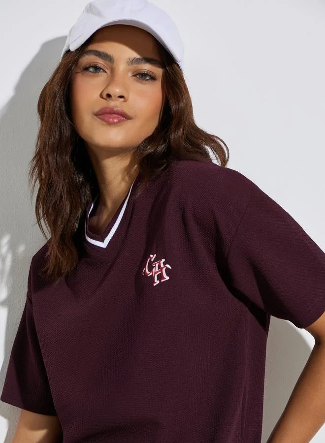 Styli Oversized Contrast Neck Rib Embroidered T-Shirt