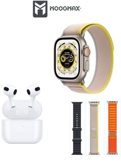 The Smart bundle package 2-in-1, Ultra smart watch 49MM Titanium case, works with gestures, all sports modes, heart and sleep measurements, support for NFC. and TWS  Airbuds earphones 4 from Moogmax
