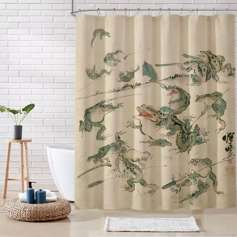 De-Mediocre Funny Frog Shower Curtain - Japanese Retro Bathroom Decor with 12 Hooks, Waterproof Polyester Fabric, 72x72 Inches (Battle of The Frogs Art), Asian Style - Image 3