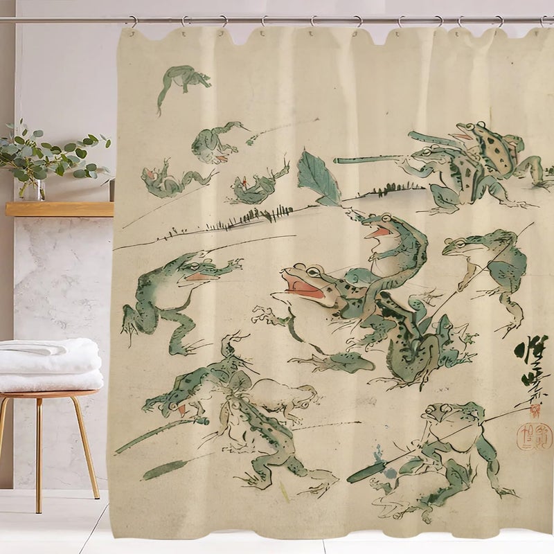 De-Mediocre Funny Frog Shower Curtain - Japanese Retro Bathroom Decor with 12 Hooks, Waterproof Polyester Fabric, 72x72 Inches (Battle of The Frogs Art), Asian Style - Image 1