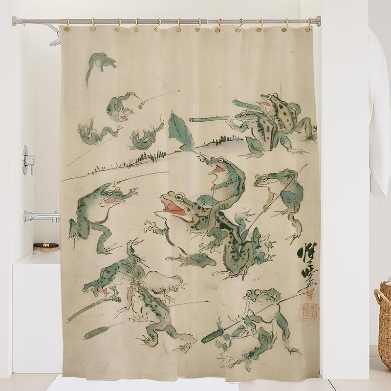 De-Mediocre Funny Frog Shower Curtain - Japanese Retro Bathroom Decor with 12 Hooks, Waterproof Polyester Fabric, 72x72 Inches (Battle of The Frogs Art), Asian Style - Image 2