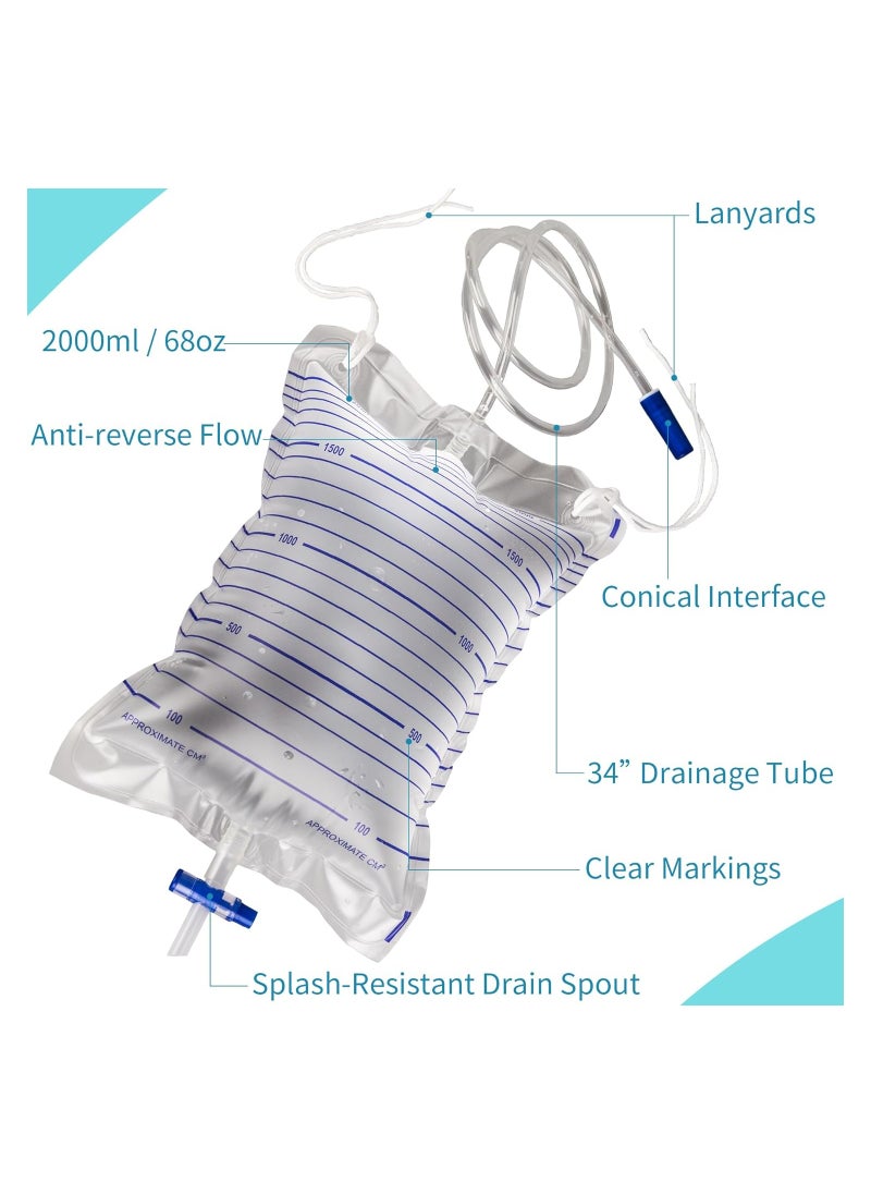 10 Pack of 2000mL Urinary Drainage Bags with Anti-Reflux Valve and Easy Drain Switch - Ideal for Home and Hospital Use, Health Aids for Effective Urine Management.