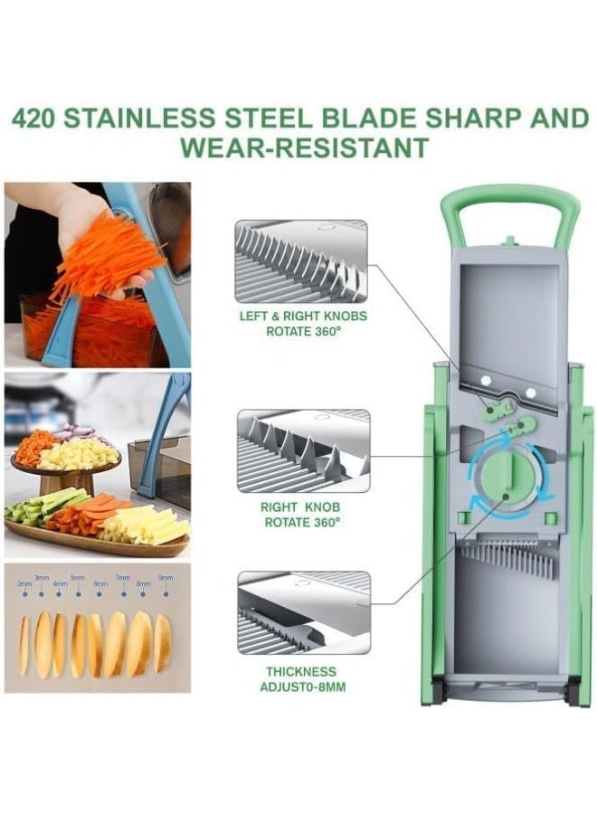 RELAXY Multifunctional Vegetable Chopper Slicer Cutter, Adjustable Food Slicer with Container & Cleaning Brush, Large Capacity Veggie Dicer for Slicing, Shredding, Strips & Dicing, Green Color - Image 3