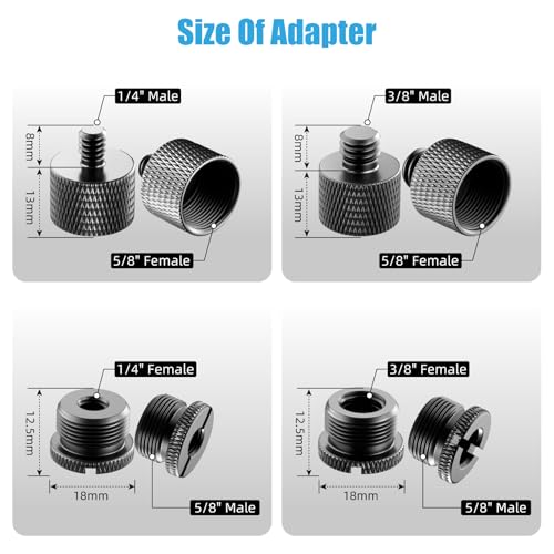 FOJOO 8 Pack Mic Stand Adapter 5/8 Female to 3/8 Male and 3/8 Female to 5/8 Male, 5/8 Female to 1/4 Male and 1/4 Female to 5/8 Male Screw Thread Adapter Mic for Microphone Stand Boom Arm Camera Tripod - Image 2