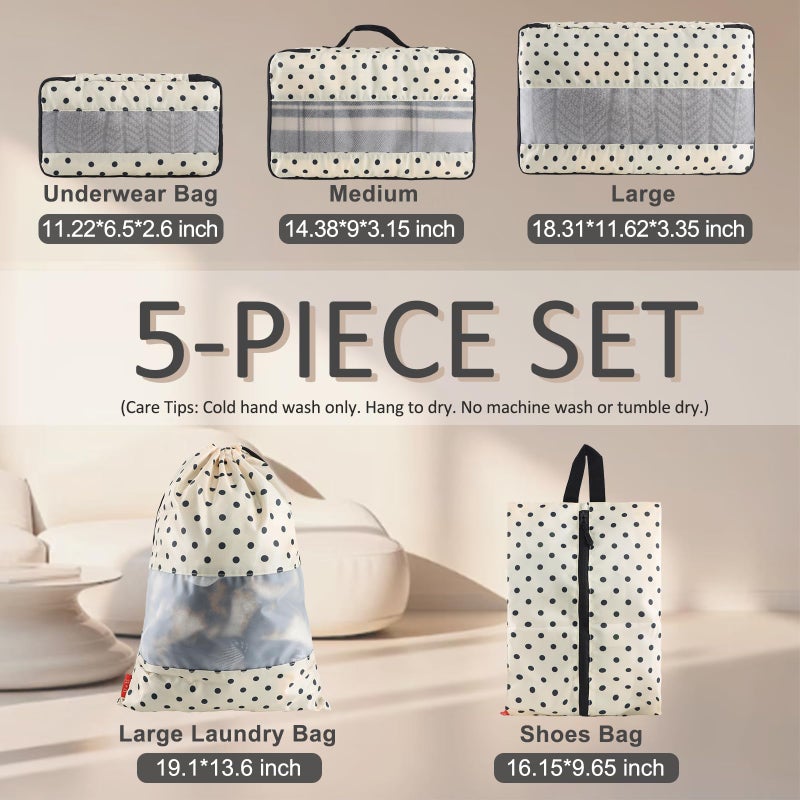 U+U 5 Set Packing Cubes for Travel Essentials Ultralight Luggage Packing Organizers with Laundry Bag and Shoe Bag for Vacation, Business Trip and Camping (Polka Dot) - Image 3