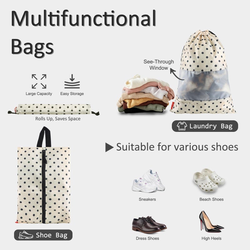U+U 5 Set Packing Cubes for Travel Essentials Ultralight Luggage Packing Organizers with Laundry Bag and Shoe Bag for Vacation, Business Trip and Camping (Polka Dot) - Image 4