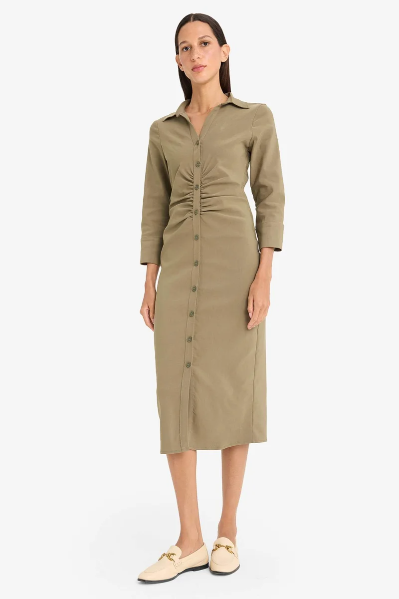 ديفاكتو Shirt Collar Basic Pleated Half Sleeve Dress