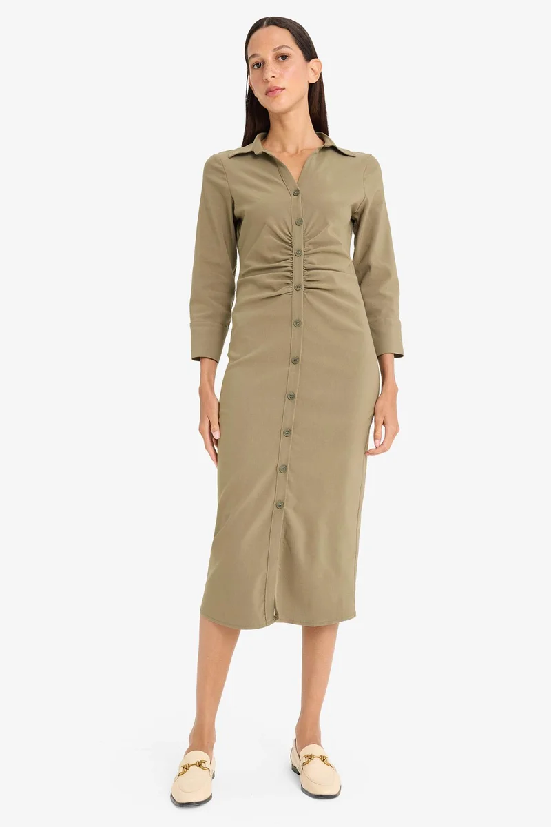 ديفاكتو Shirt Collar Basic Pleated Half Sleeve Dress