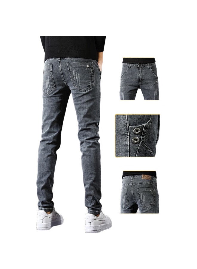 PLAYBOY Men'S Jeans Autumn And Winter Pants Men'S Casual Pants Men'S Fashionable Slim Fit Men'S Pants Deep Gray 28 - Image 1