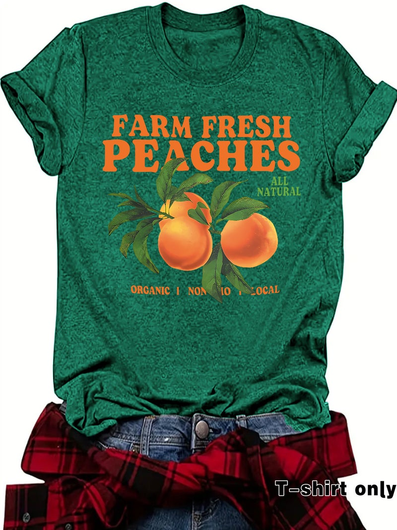 Casual T-Shirt Farm Peaches Peach Print Summer Round Neck Short Sleeve Top Women - Image 1