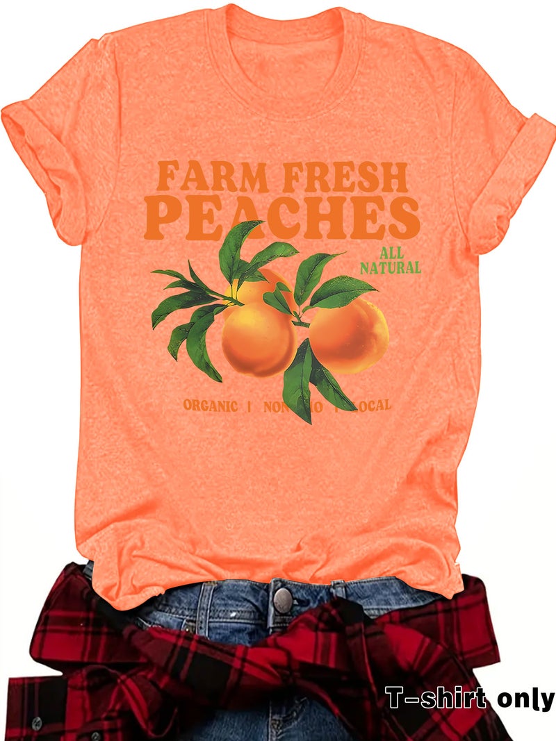 Casual T-Shirt Farm Peaches Peach Print Summer Round Neck Short Sleeve Top Women - Image 4