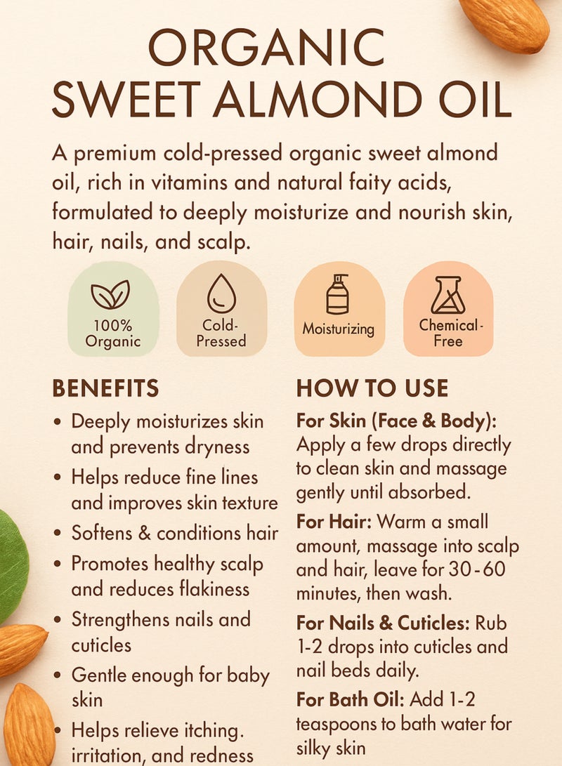 زهر زيت اللوز الحلو العضوي - زيت علاجي نقي ١٠٠٪ معصور على البارد | زيت عطري مرطب للبشرة والشعر والأظافر وفروة الرأس - ٢٣٦ مل - Image 3