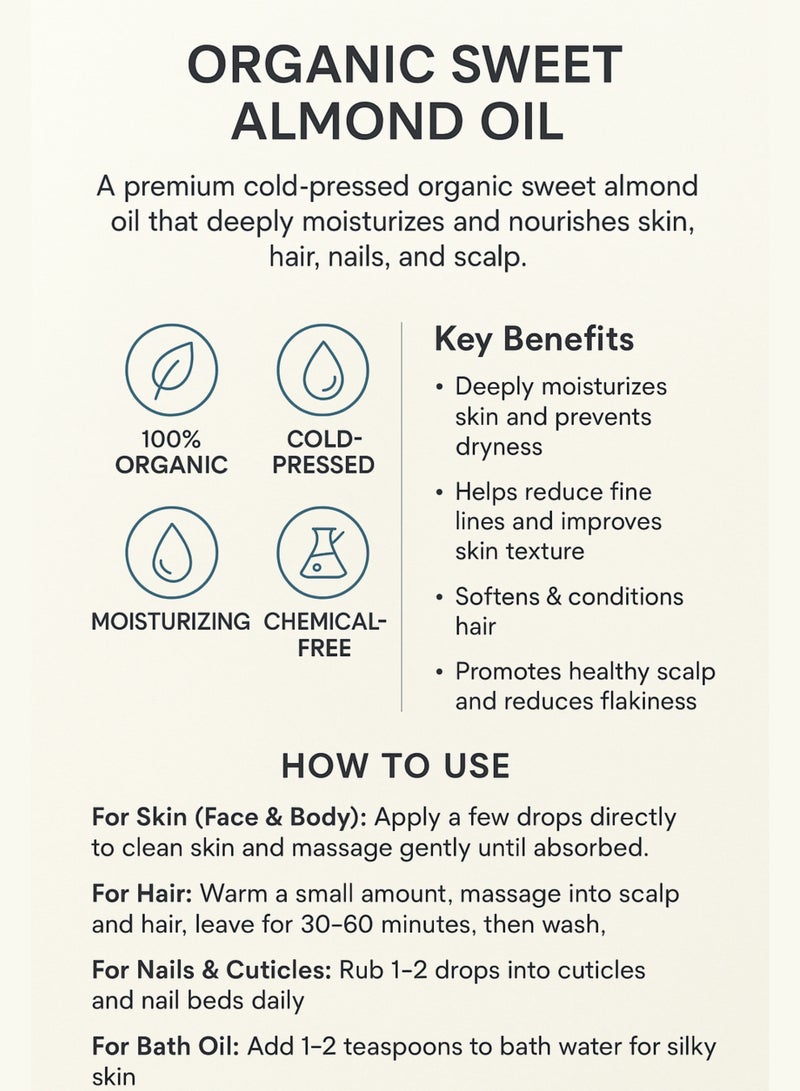 زهر زيت اللوز الحلو العضوي - زيت علاجي نقي ١٠٠٪ معصور على البارد | زيت عطري مرطب للبشرة والشعر والأظافر وفروة الرأس - ٢٣٦ مل - Image 4