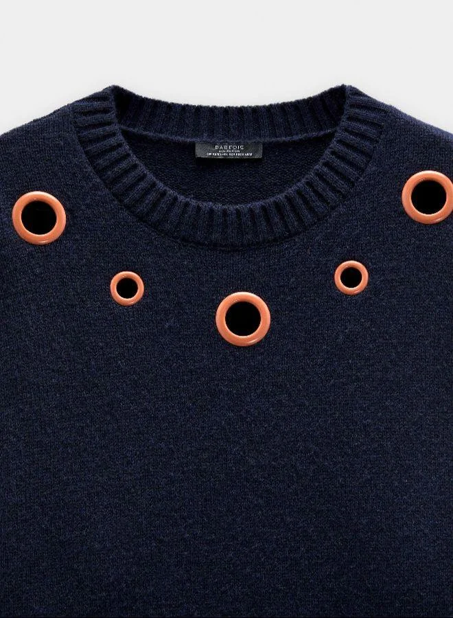 PARFOIS Blue Knit sweater with eyelets for Women | Best Price UAE