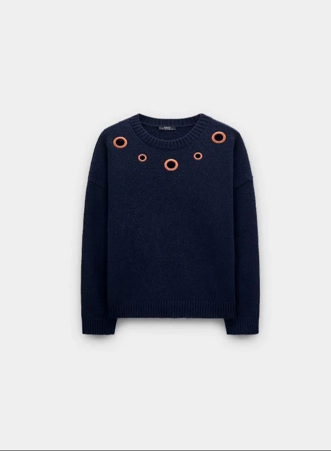 PARFOIS Blue Knit sweater with eyelets for Women | Best Price UAE