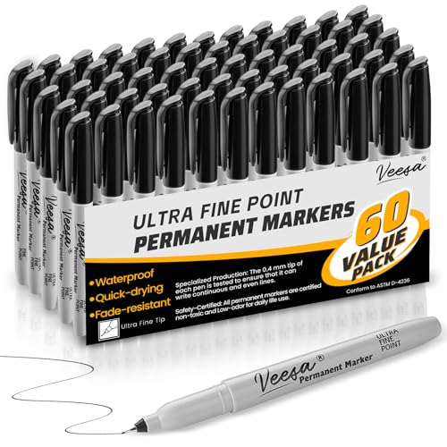 VEESA Permanent Markers Ultra Fine Point, Black, 60 Count, 0.4mm Thin Permanent Markers Bulk, 1 Second Quick Drying, Waterproof, Fade-Resistant - Image 2