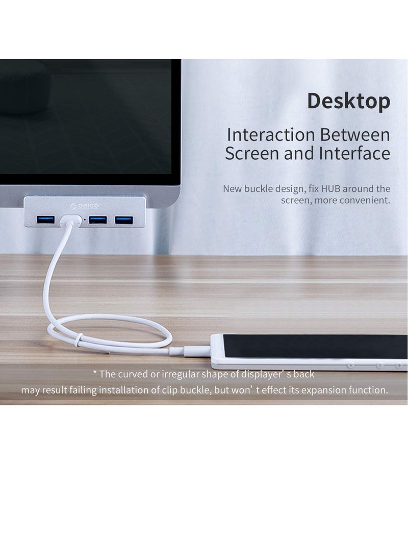 ORICO USB 3.0 Hub, USB Hub Clamp, Aluminum 4-Port USB Splitter with Extra Power Supply Port and 4.92 FT USB A to USB A and USB A to USB C Cable, Desktop Powered USB Hub for Monitors/Desks-Silver