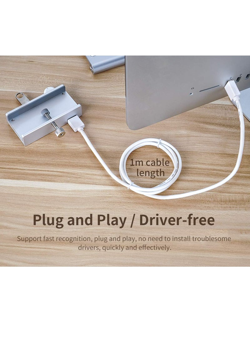 ORICO USB 3.0 Hub, USB Hub Clamp, Aluminum 4-Port USB Splitter with Extra Power Supply Port and 4.92 FT USB A to USB A and USB A to USB C Cable, Desktop Powered USB Hub for Monitors/Desks-Silver