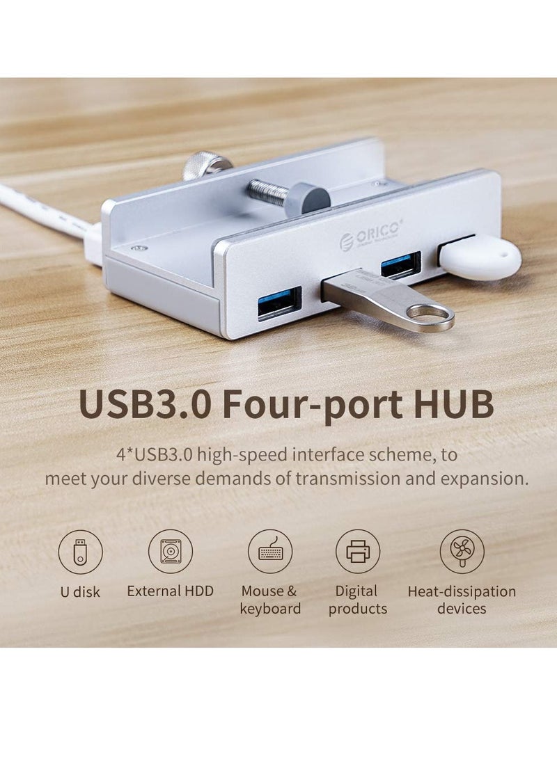 ORICO USB 3.0 Hub, USB Hub Clamp, Aluminum 4-Port USB Splitter with Extra Power Supply Port and 4.92 FT USB A to USB A and USB A to USB C Cable, Desktop Powered USB Hub for Monitors/Desks-Silver