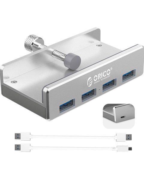 ORICO USB 3.0 Hub, USB Hub Clamp, Aluminum 4-Port USB Splitter with Extra Power Supply Port and 4.92 FT USB A to USB A and USB A to USB C Cable, Desktop Powered USB Hub for Monitors/Desks-Silver