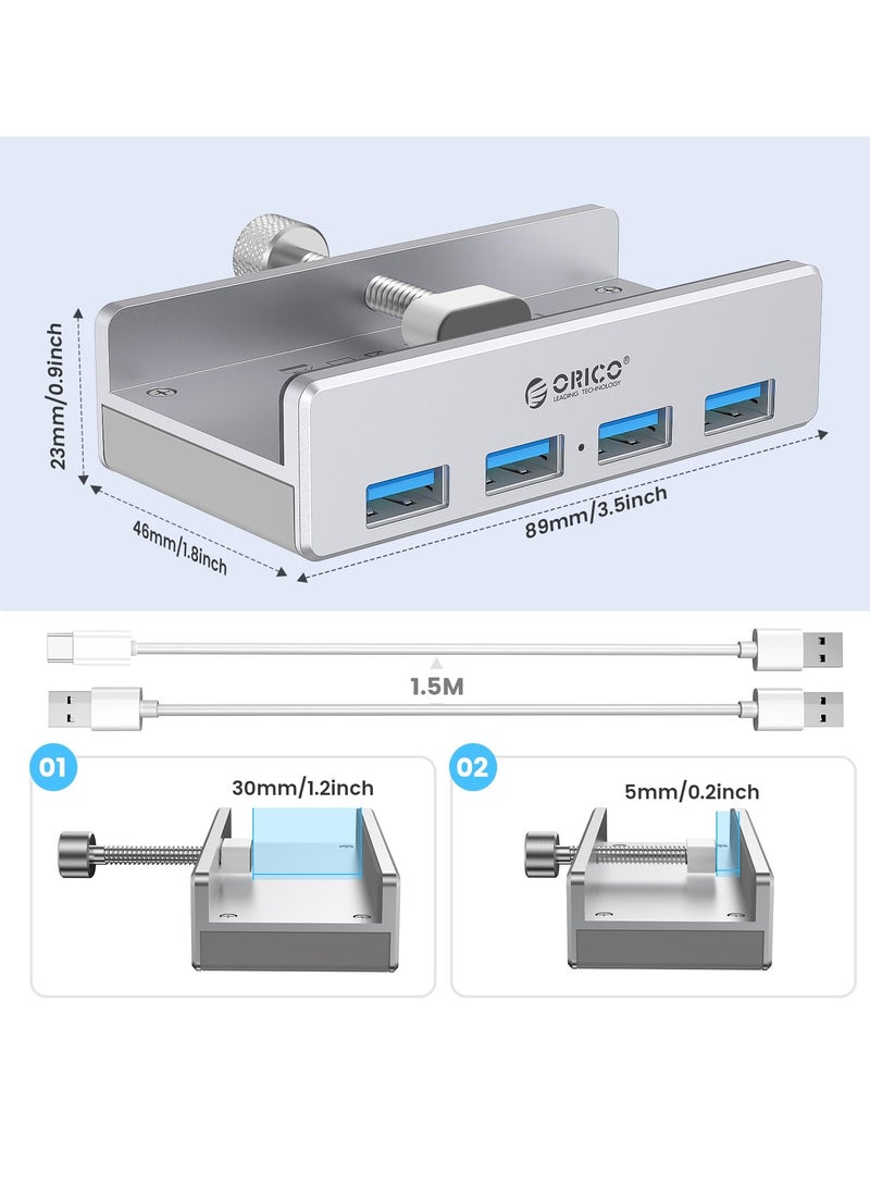 ORICO USB 3.0 Hub, USB Hub Clamp, Aluminum 4-Port USB Splitter with Extra Power Supply Port and 4.92 FT USB A to USB A and USB A to USB C Cable, Desktop Powered USB Hub for Monitors/Desks-Silver